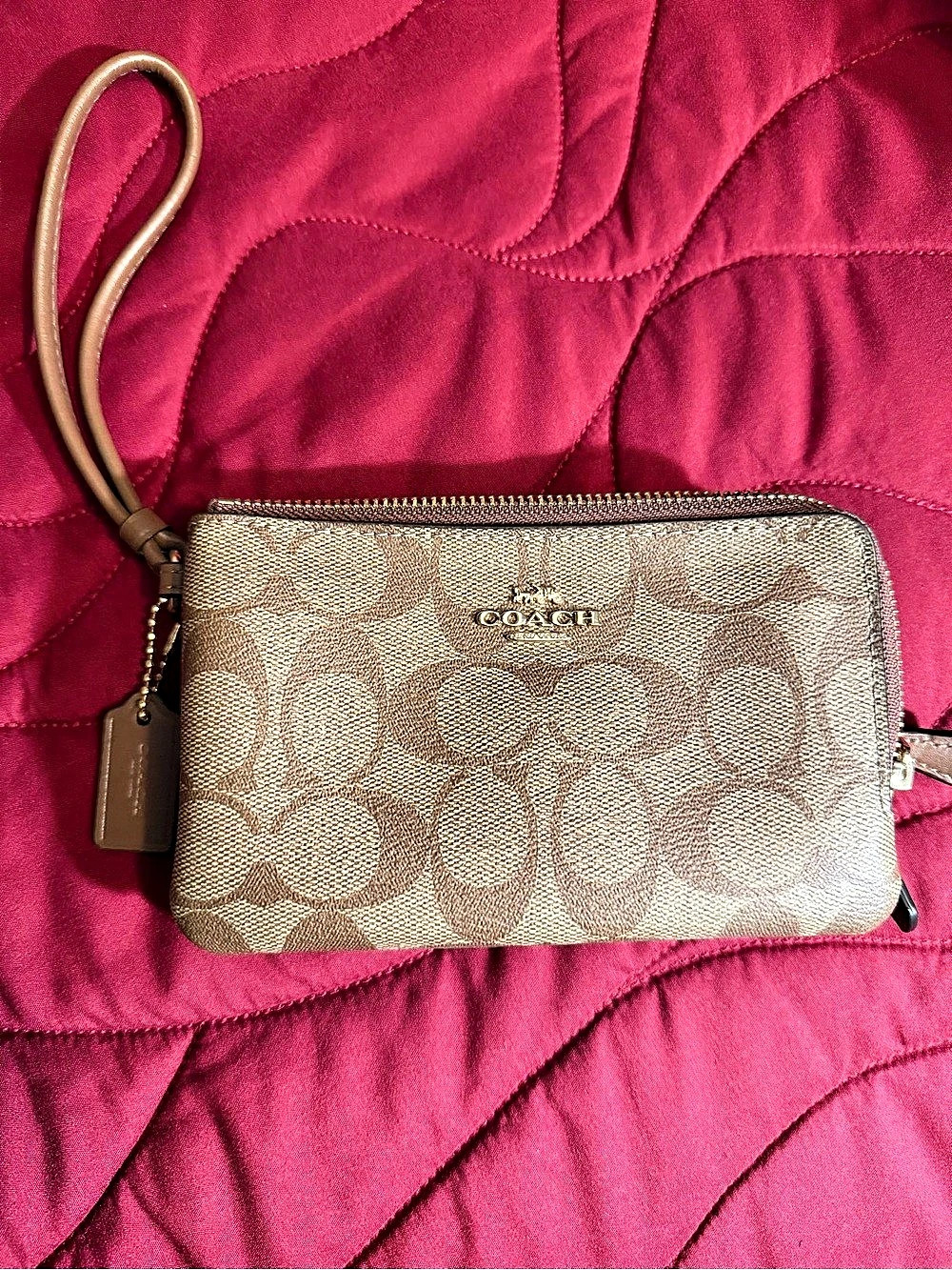Coach Double Zip Wallet In Signature Canvas C5576 Brown & Beige